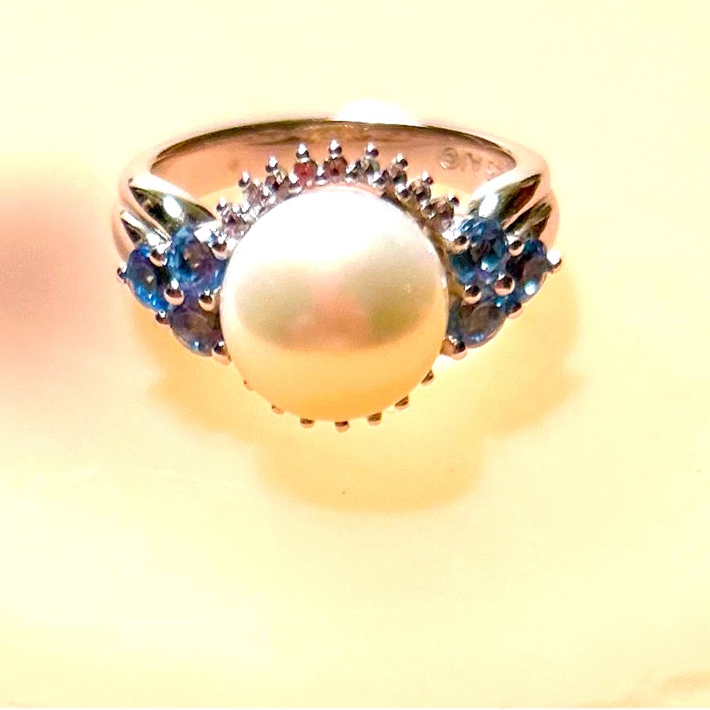 Pretty Faux Pearl rhinestone & topaz ring 925 Silver
